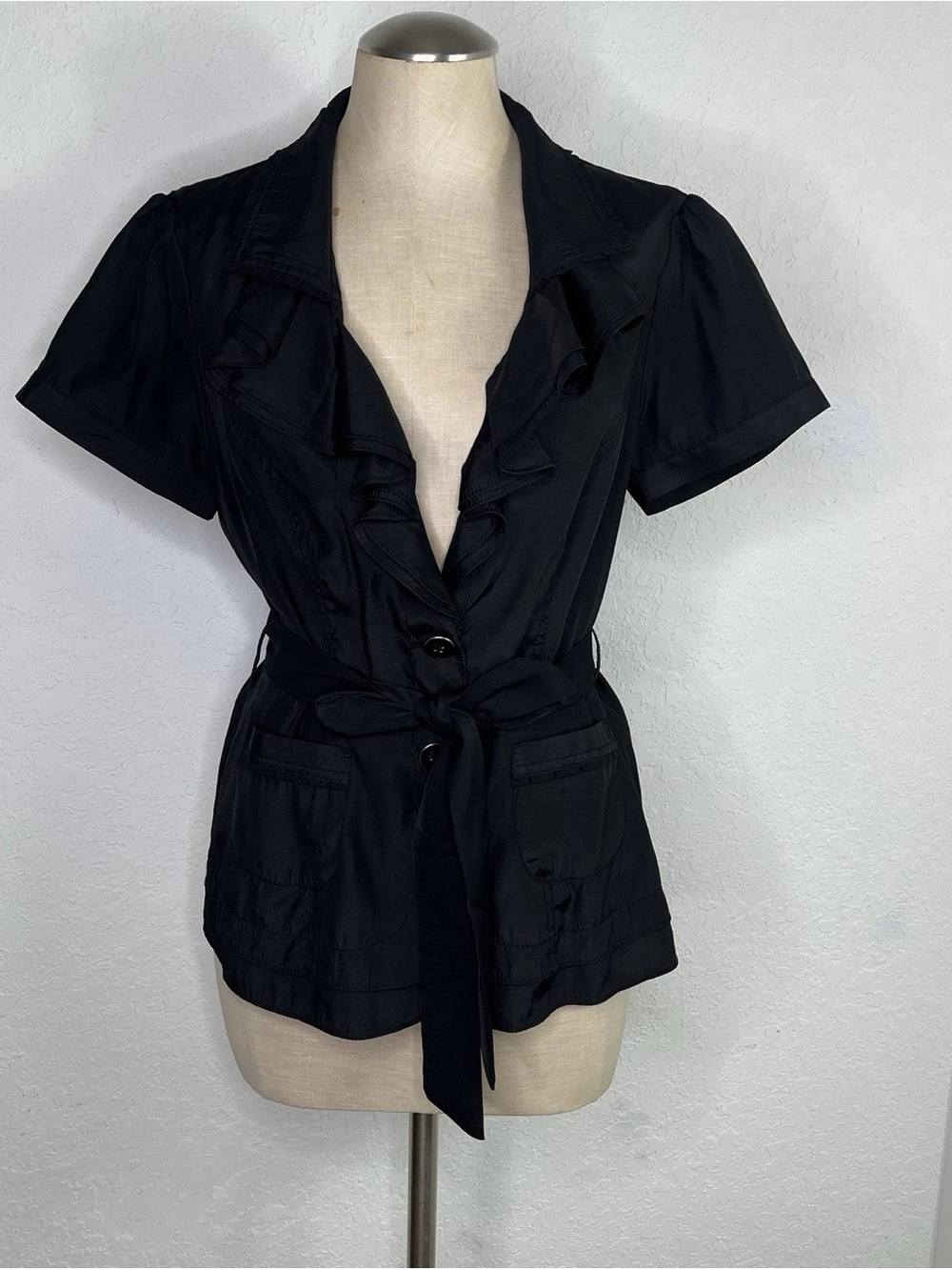 Women's Black Ruffle-Front Tie-Waist Short Sleeve Top